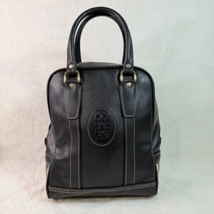 Daks London Vintage Black Pebbled Leather Satchel Bag House Check Plaid Trim